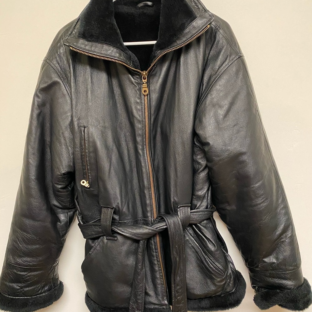 Wilda Leather Jacket Large Black Belted Parka